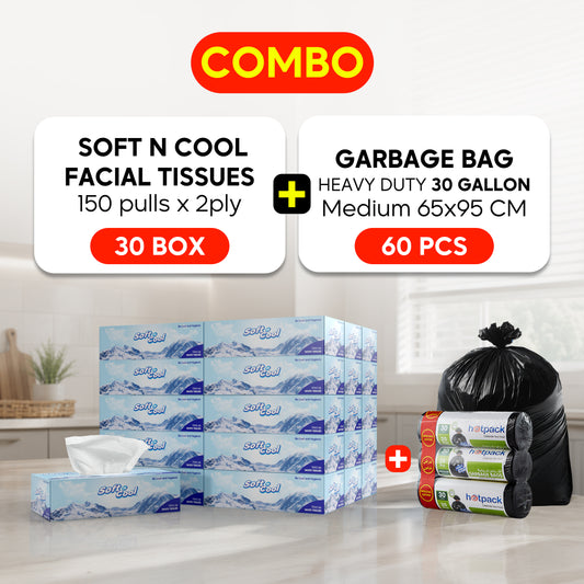 Combo Pack ,30 Boxes Soft n Cool Facial Tissue 150 Sheets X 2 Ply + Garbage Bag 30 Gallon  Heavy Duty  Medium 65x95cm, 60 Pieces