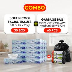 Combo Pack ,30 Boxes Soft n Cool Facial Tissue 150 Sheets X 2 Ply + Garbage Bag 30 Gallon  Heavy Duty  Medium 65x95cm, 60 Pieces