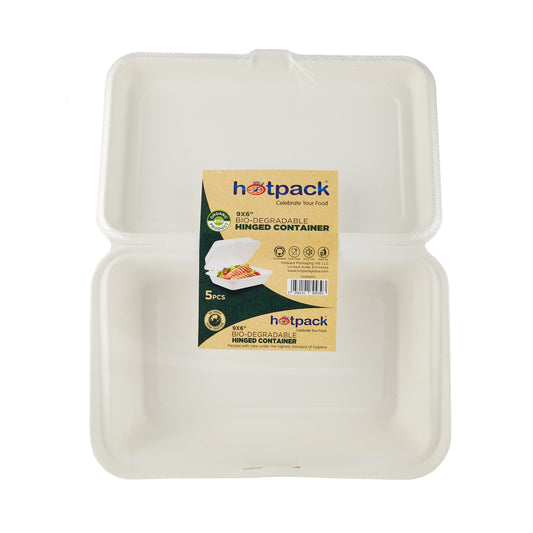 Bio-Degradable Hinged Container 9x6 Inch 5 Pieces - hotpackwebstore.com