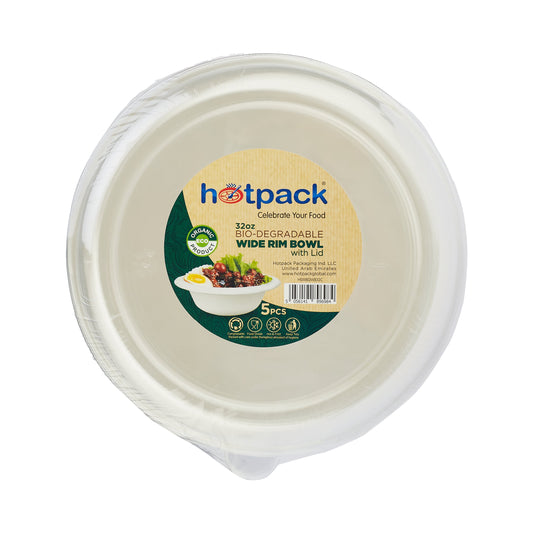 Bio-Degradable 32 Oz Wide Rim Bowl With Lid 5 Pieces - hotpack.com.sa