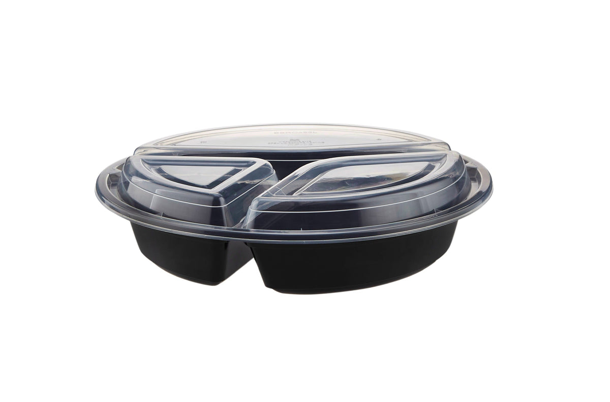 Black Base 3-Compartment Round Container 48 oz 300 Pieces - Hotpack Global